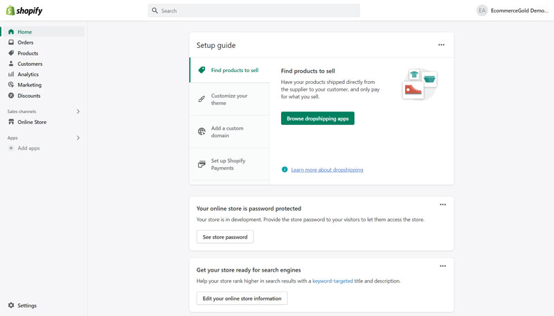 Shopify admin dashboard overview for store setup
